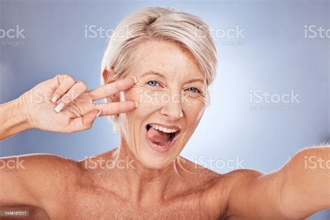 Beauty Peace Sign Selfie And Mature Woman For Skincare Health And