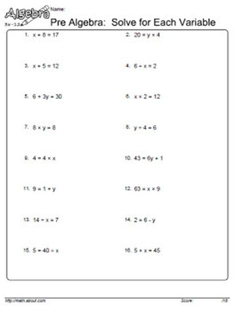 linear equations   variable worksheets  answers pre algebra
