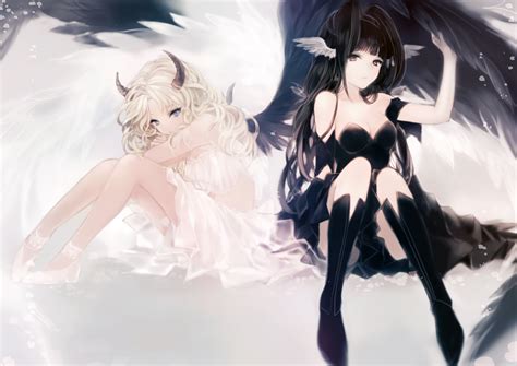 Wallpaper Anime Girls Angels White Wings Black Wings