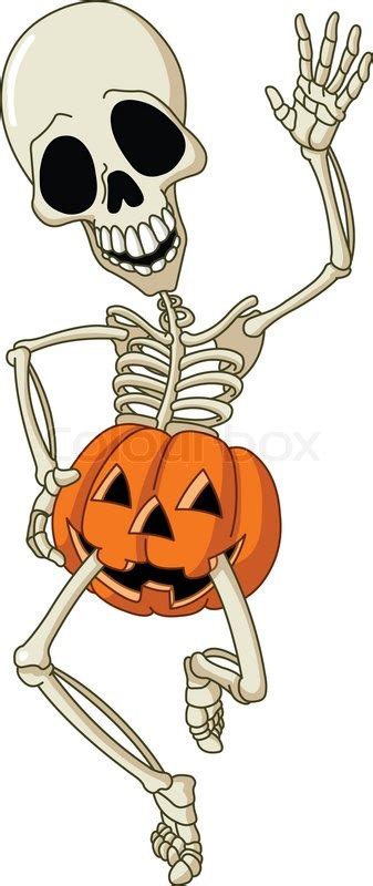 happy dancing skeleton wearing a pumpkin stock vector