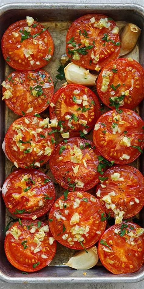 garlic roasted tomatoes easy  healthy roasted tomatoes topped