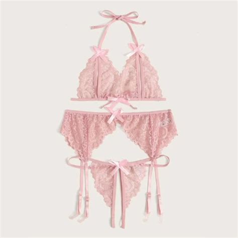 3pcs sexy pink sheer floral lace halter bowknot bikini lingerie bra