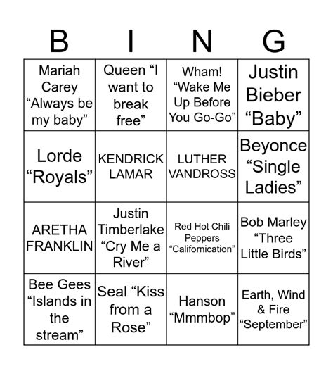 music bingo card