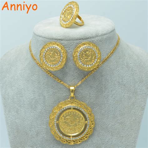 koop anniyo meatl munt sieraden sets goud kleur munten hanger ketting oorbellen
