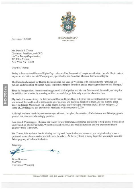 letter   mayor  winnipeg  invite trump   human rights