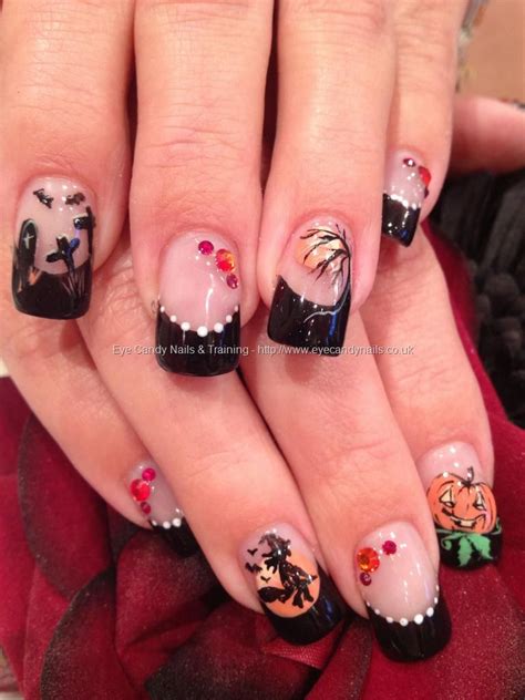 Black Halloween Freehand Nail Art With Witch Pumpkin