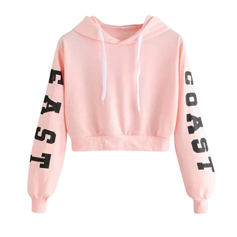 Hoodies Women Pink Letter Print Crop Top Hoodie Long Sleeve Sweatshirt