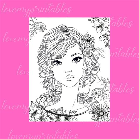 printable coloring page adult color girl art adult coloring etsy