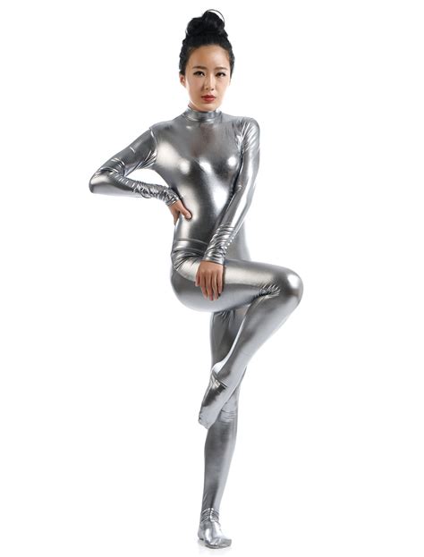 gray shiny metallic cosplay zentai suit  women halloween milanoocom