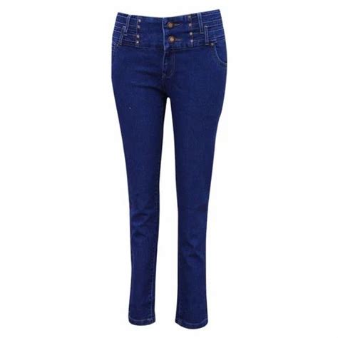 Slim Ladies Dark Blue Stretchable Denim Jeans Button High Rise At Rs