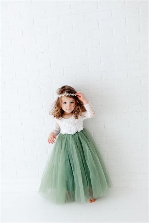 white lace flower girl dress sage green long sleeve wedding dress