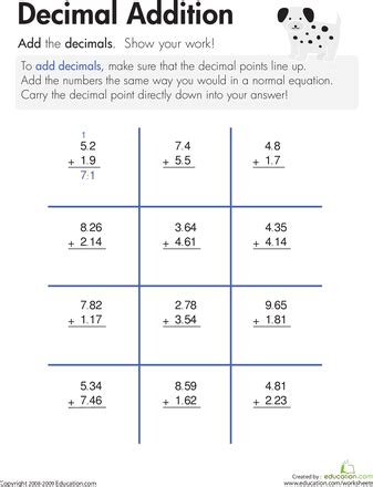 adding decimals worksheet grade  william hoppers addition worksheets