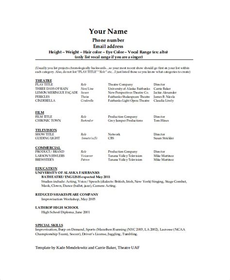 theater resume template  word  documents
