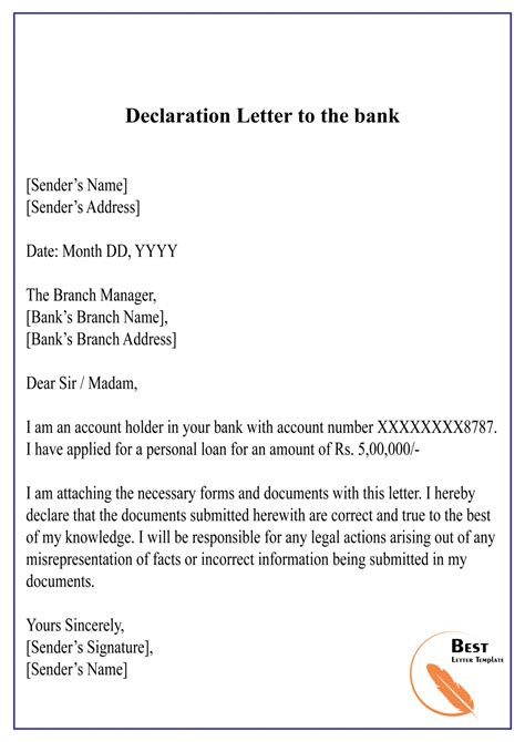 declaration letter template format sample