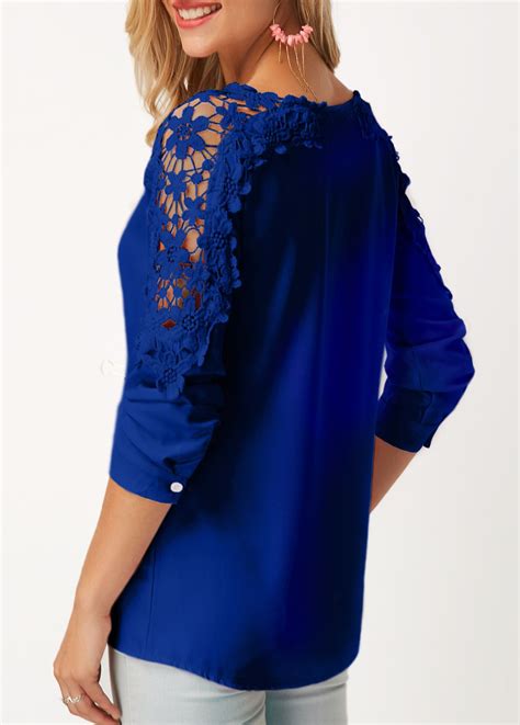 lace panel royal blue long sleeve blouse  sale    buy