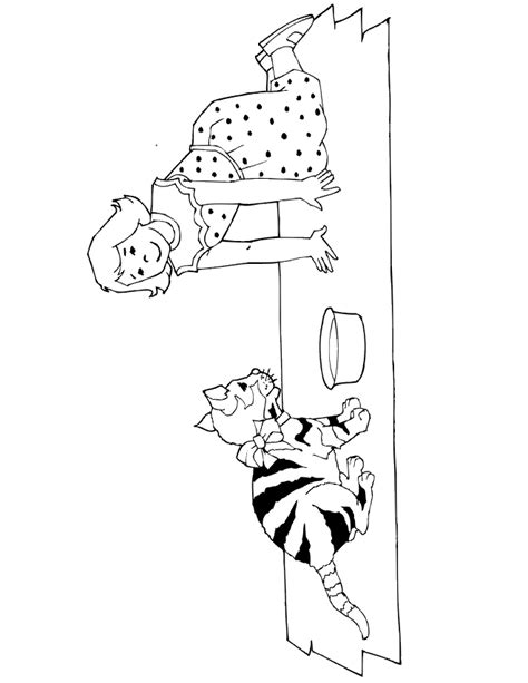 cat coloring page  girl watching  cat   food dish