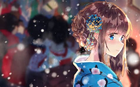 download 2560x1600 anime girl brown hair kimono snow