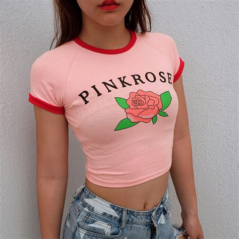 soshirl pink rose t shirt kawaii cute candy color t shirt sexy cropped