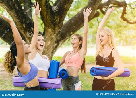 outdoor yoga class group  young healthy women teen happy greeting meeting
