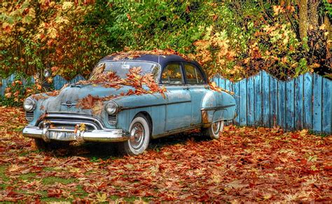 hd wallpaper autumn trees retro foliage  fence hdr car