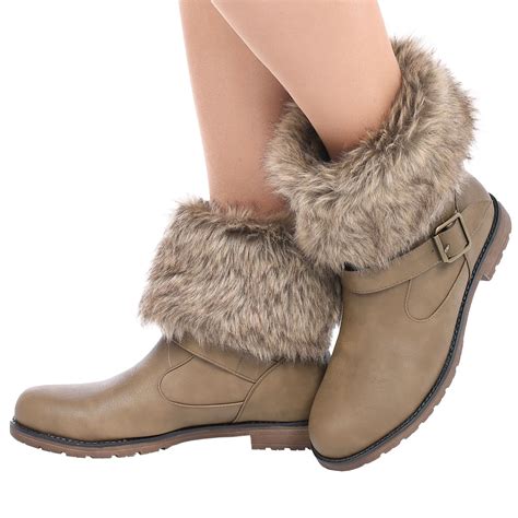 ladies womens faux fur lined collar buckle warm pull on winter ankle