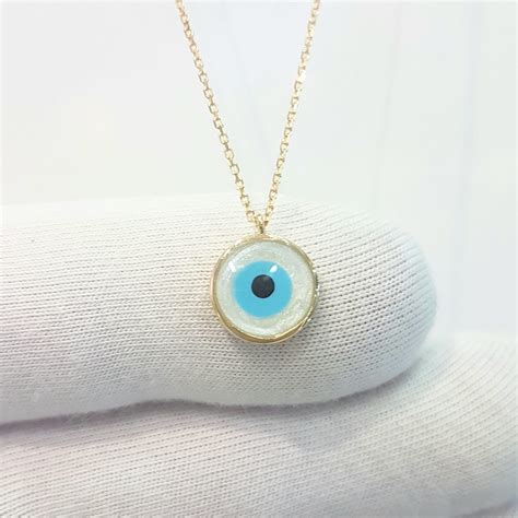 real solid yellow gold evil eye mother  pearl necklace  women