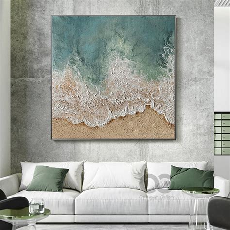 large  textured coastal wall art framed green beach painting abstract