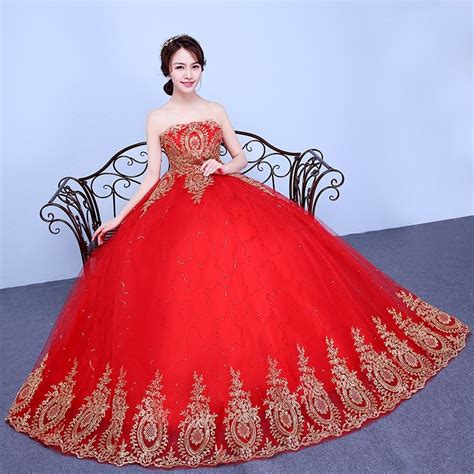 2017 New Stock Plus Size Women Bridal Gown Wedding Dress Red Gold
