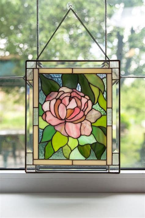 peony stained glass window panel decor modern stained glass etsy