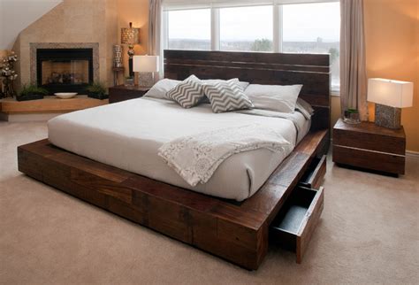 reclaimed wood platform bed  drawers transitional