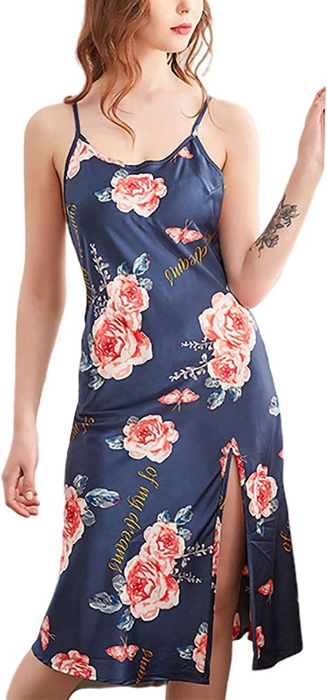 Women Lingerie Satin Floral Print Chemise Nightgown Sexy Strappy