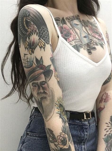 Pinup Colorful Full Arm Sleeve Tattoo Ideas For Women Vintage