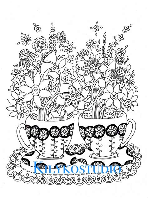 tea cups adult coloring page instant digital   etsy