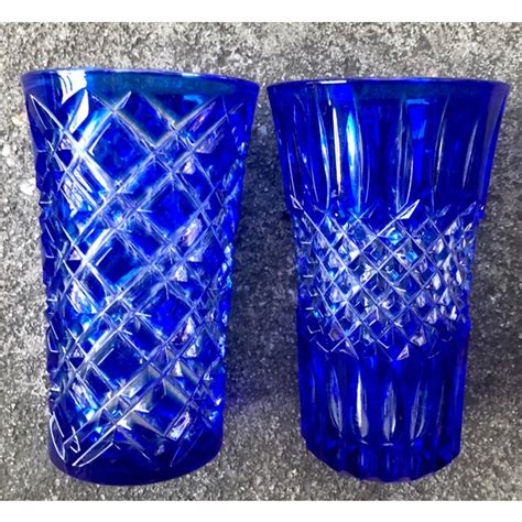 Vintage Mid Century Cobalt Blue Cut To Clear Crystal Glass Vases A