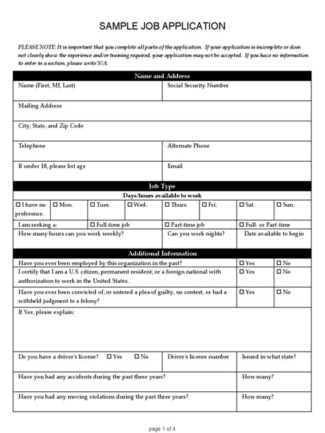 printable sample job application form printable forms