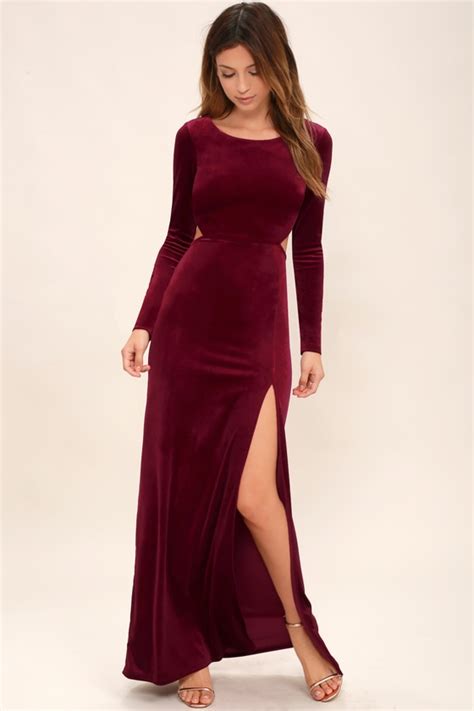 sexy burgundy dress maxi dress velvet dress long sleeve dress
