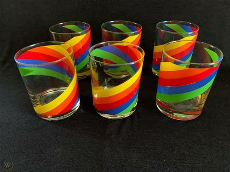 Vintage Cora Rainbow Drinking Glasses Low Ball Rocks Mcm Barware Juice