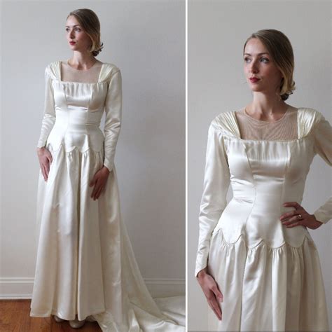vintage 1940s satin long sleeved wedding dress with illusion etsy