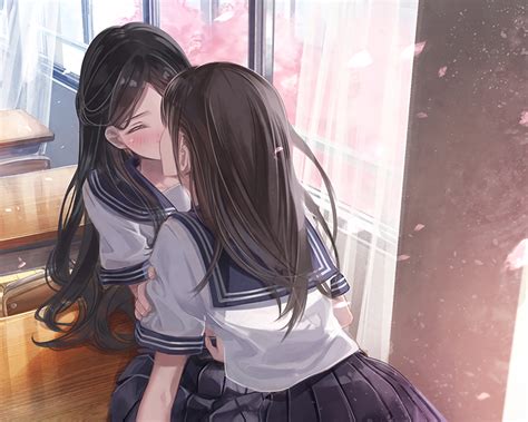 2girls brown hair kiss long hair original seifuku shoujo ai yasuno airy light