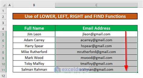 create email address   initial     excel formula