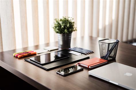 simple minimalistic home office  equipment  wooden desk