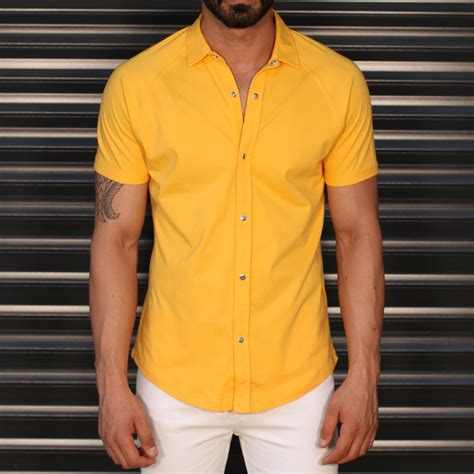 men s button short sleeve muscle fit shirt in yellow