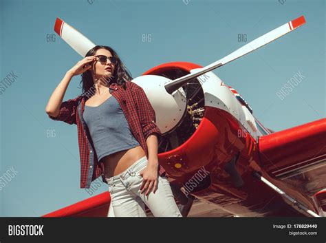 pilot woman next propeller plane image and photo bigstock