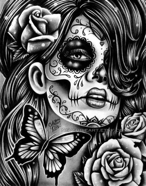 day   dead poster sugar skull girl butterfly tattoo art etsy