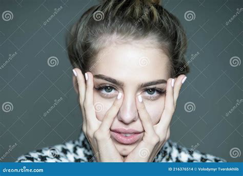 Girl Touching Her Face With Long Delicate Fingers Portrait Closeup Of