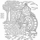 Embroidery Coloring Pages Hand House Patterns Old Template Vintage Pattern Watermill Modern Buildings Mill sketch template