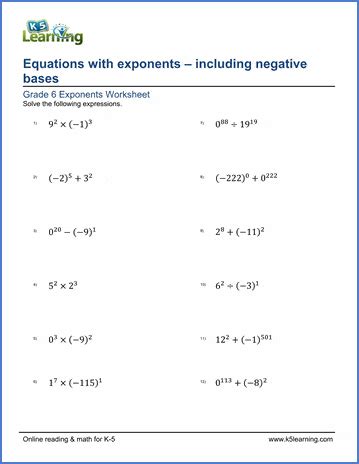 grade  math worksheet equations  exponents including negative