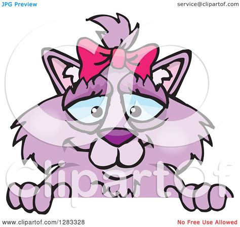 Clipart Of A Purple Cat Over A Sign Royalty Free Vector