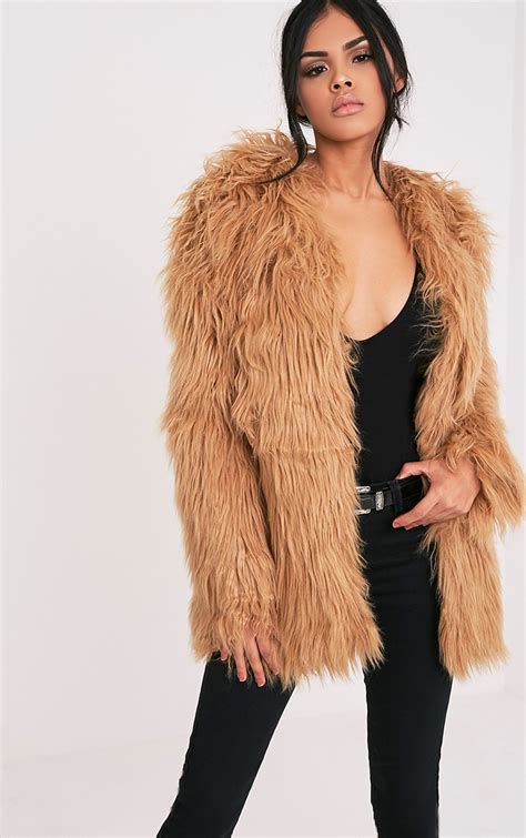 Amaria Camel Shaggy Faux Fur Jacket Jackets Prettylittlething