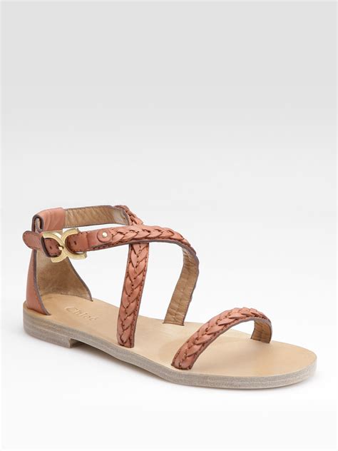 Chloé Braided Leather Flat Sandals In Brown Lyst